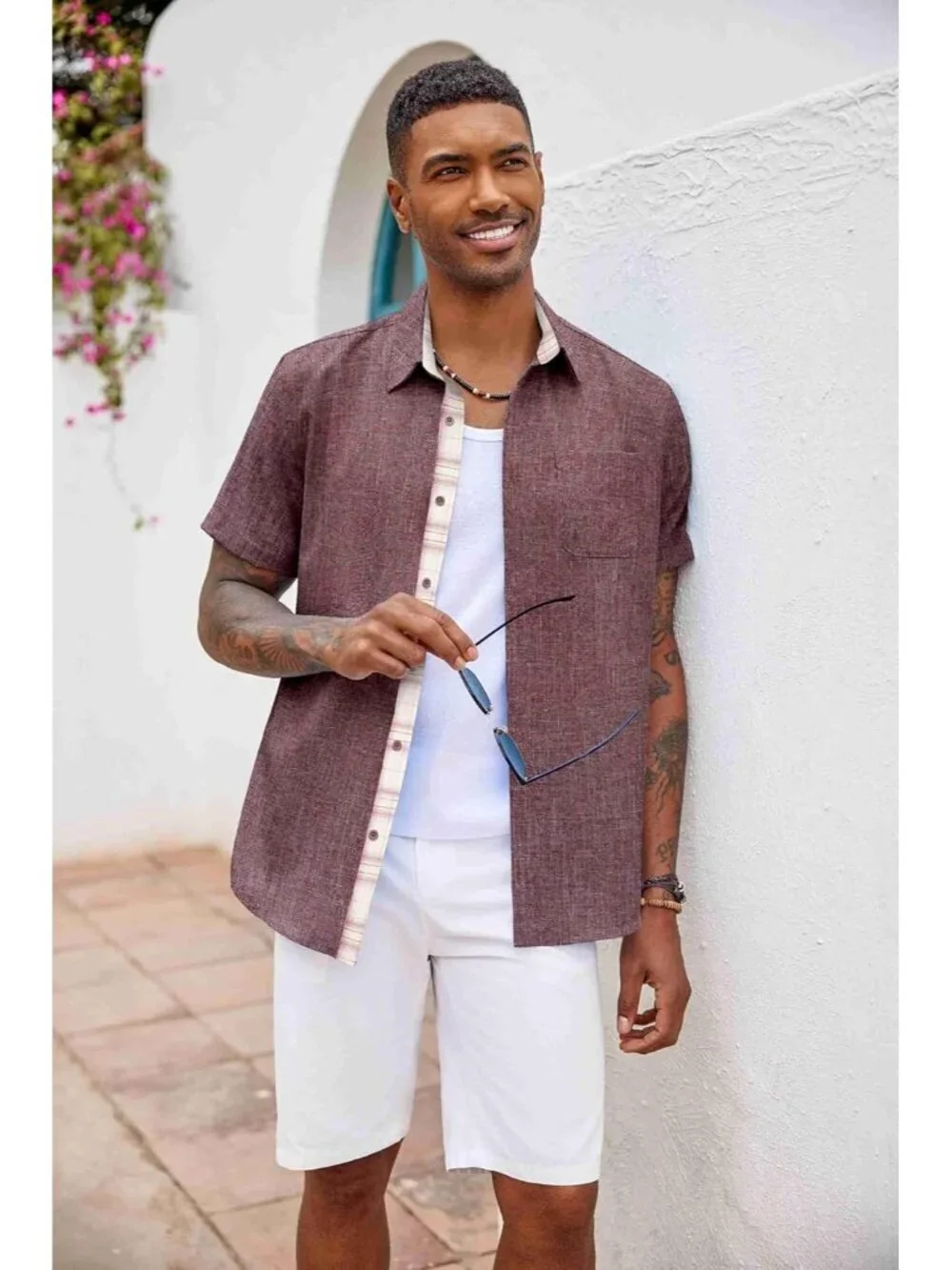 Men's Red Short Sleeve Casual Summer Breathable Button Down Shirts